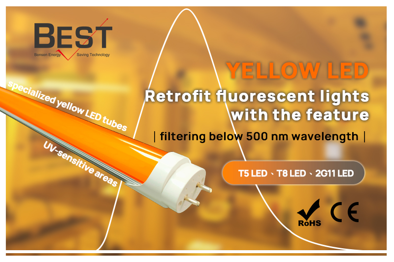 Yellow LED retrofit fluorescent lights with the feature of  filtering below 500 nm wavelength